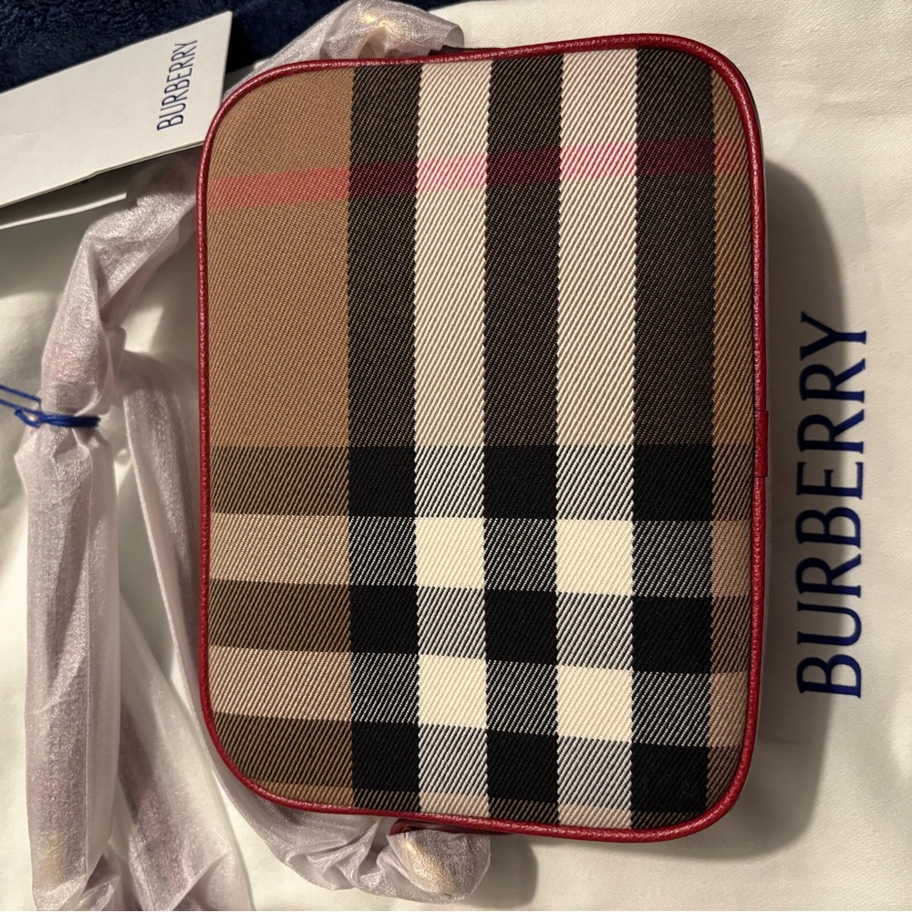 Burberry Checkered Pouch with Red Accents , Burberry camera crossbody bag